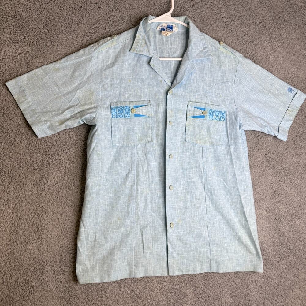 Vintage Andrade Hawaiian Shirt Mens Large Blue Aloha Button Up